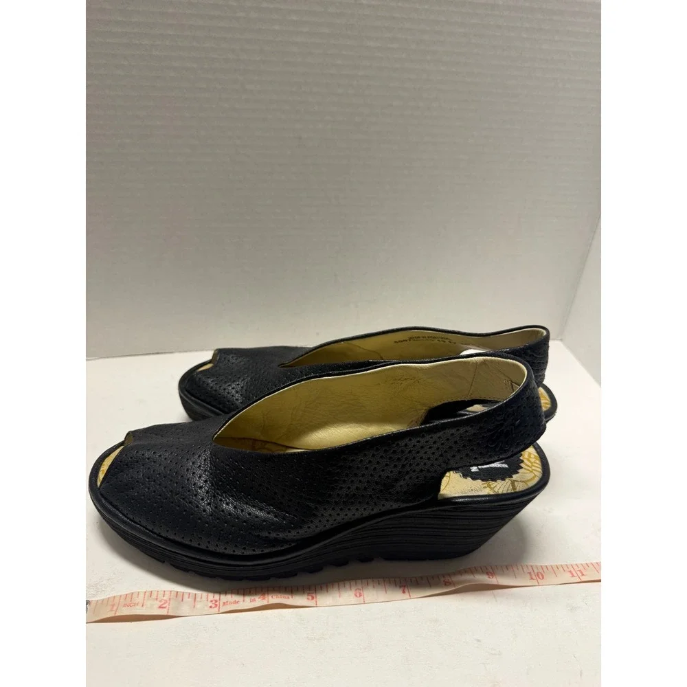 Fly London Yala Black Perforated Leather Peep Toe Wedge Slingback Sandals 40 9